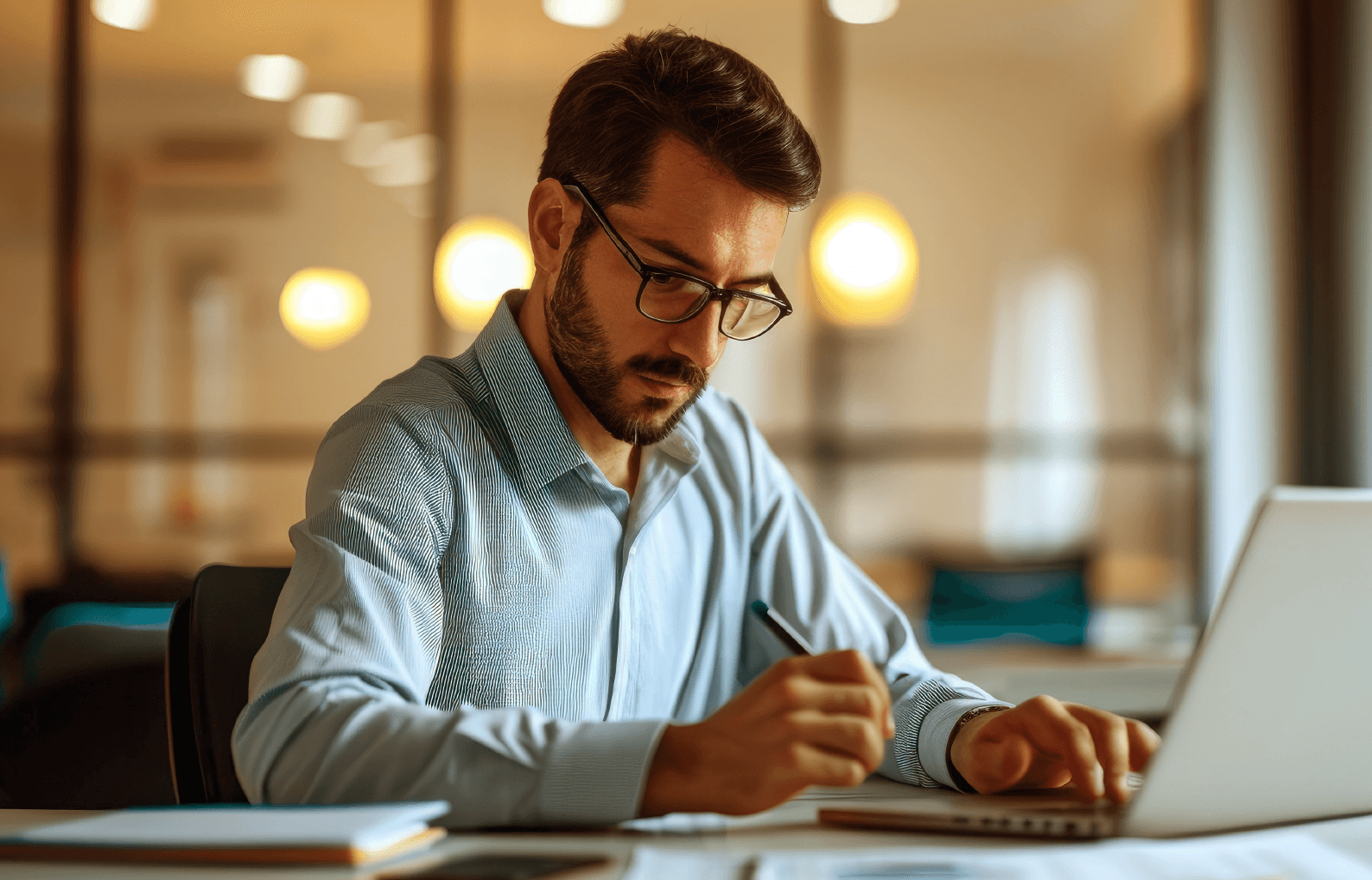 Man taking notes while on a call on laptop