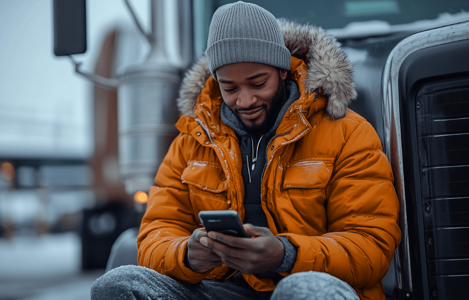 man in orange jacket on phone