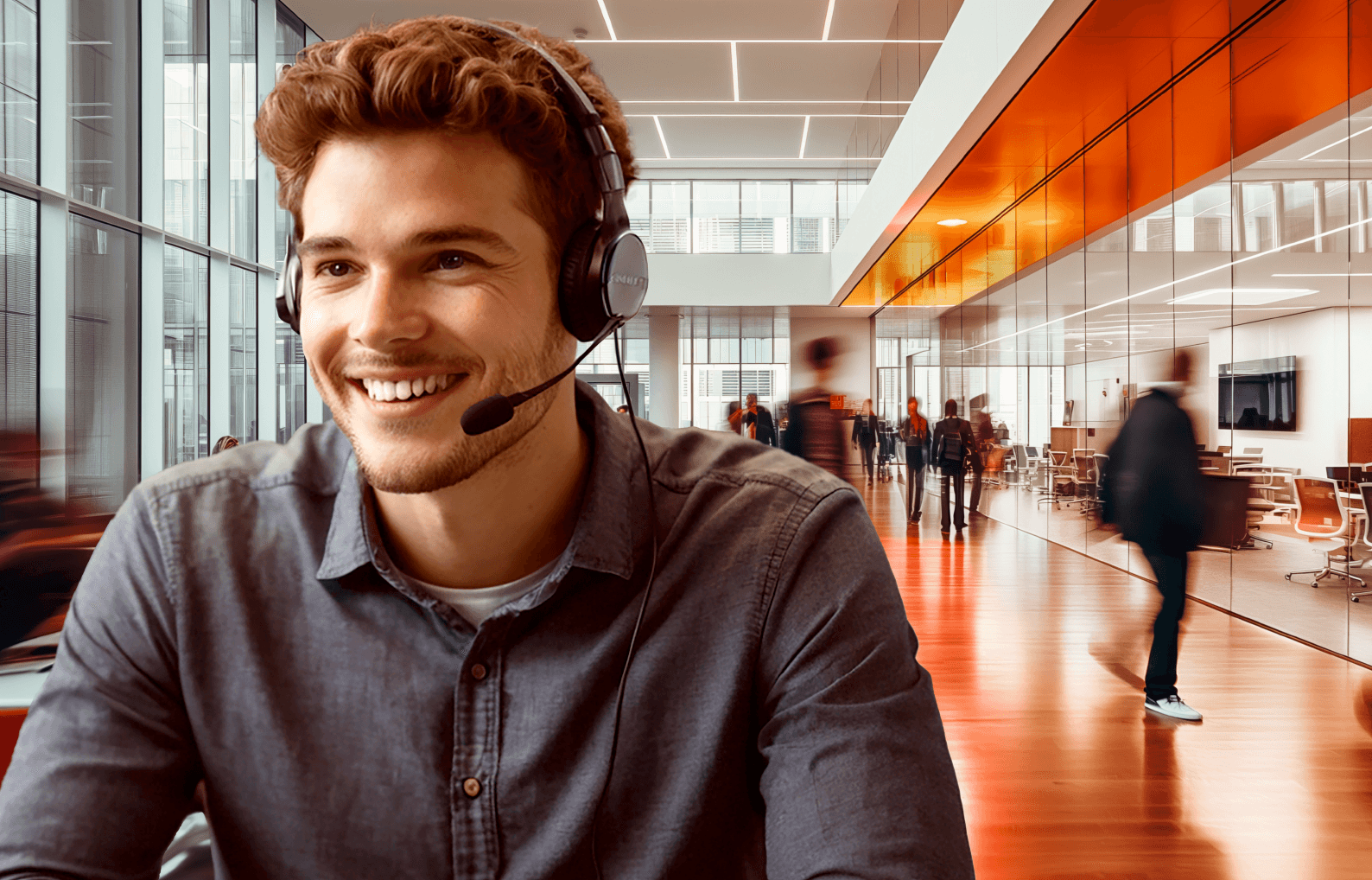 Man with headset speaking to trucker about business