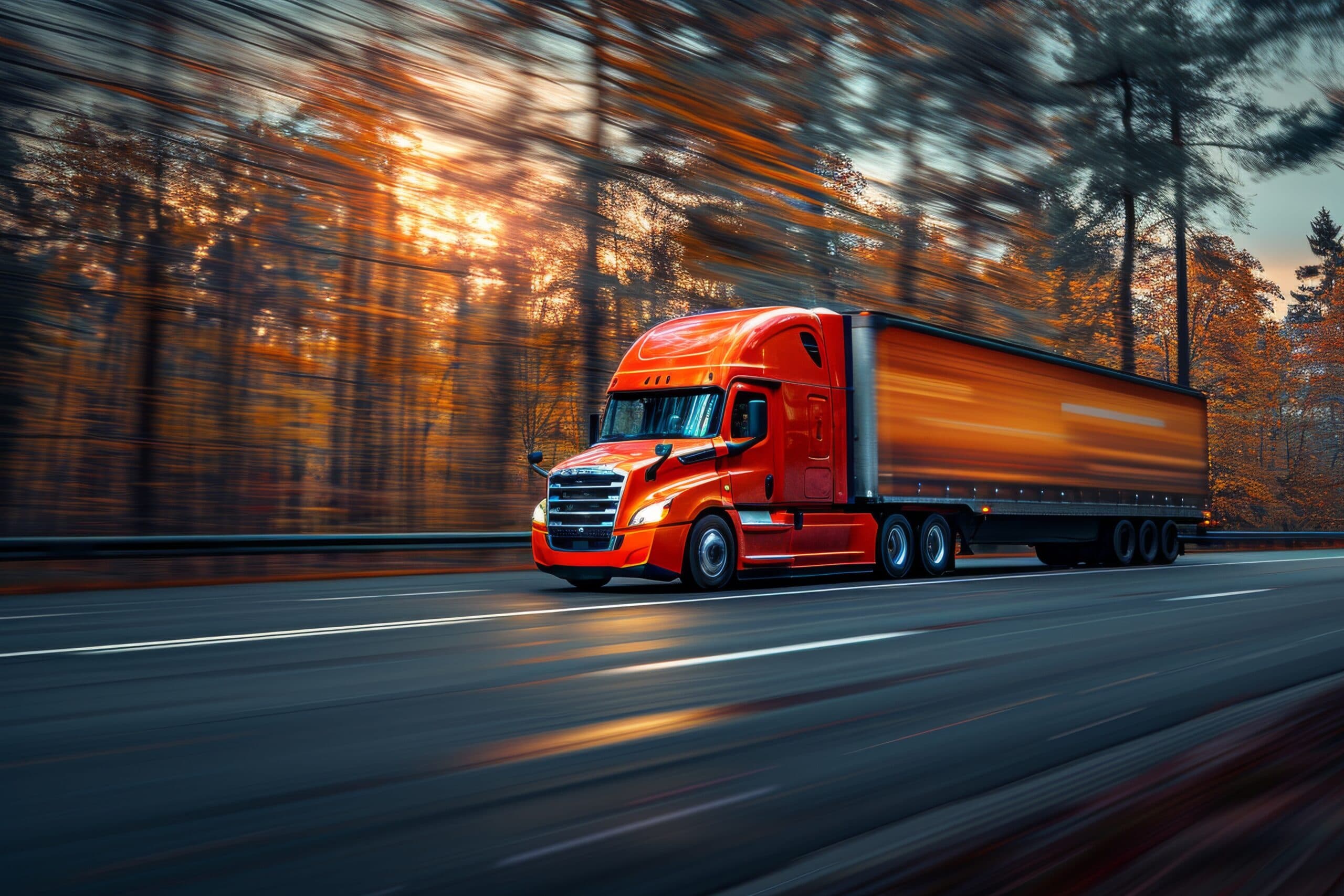 A dynamic image of an orange freight truck in motion, with a blurred forest background suggesting high speed