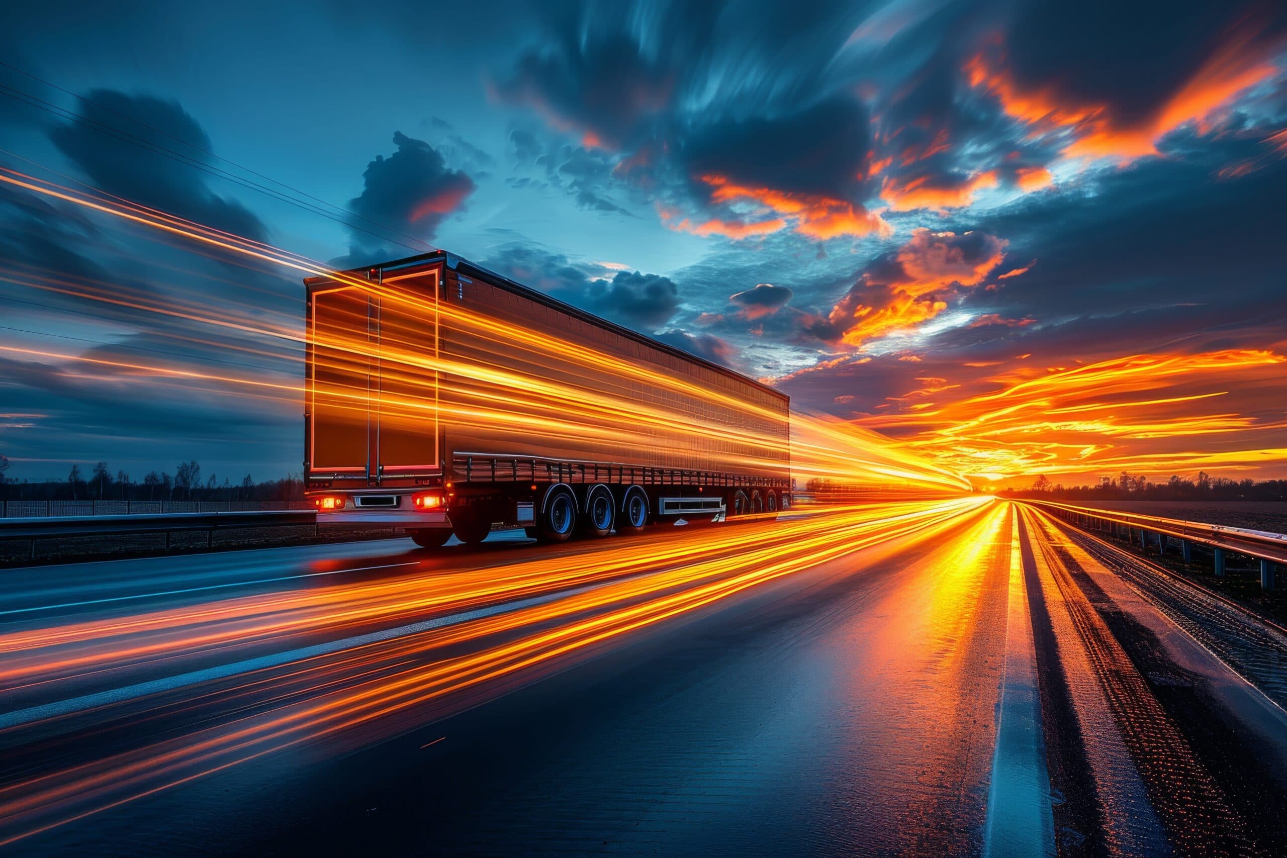A truck blazes down the highway at sunset, encapsulating the relentless pace of the logistics industry