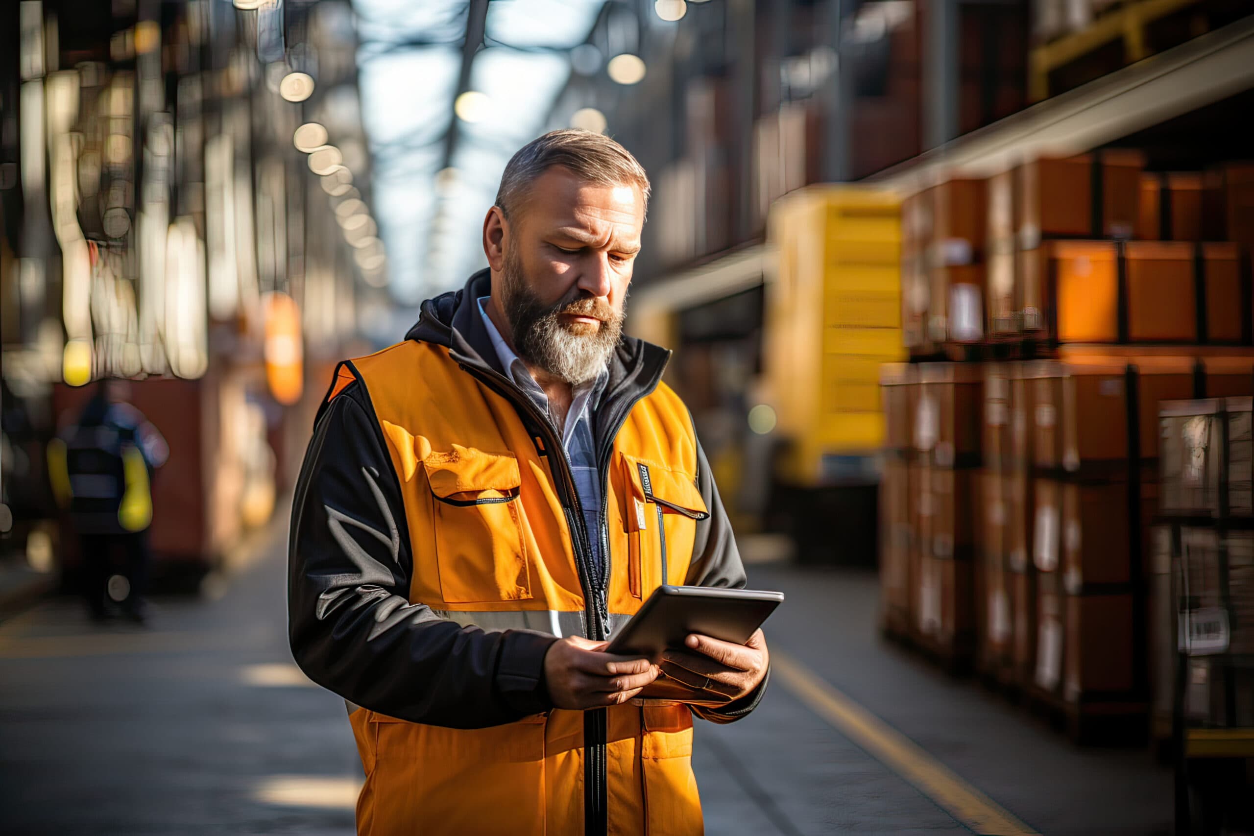 Foreman in uniform wearing safety helmet using tablet checking containers loading