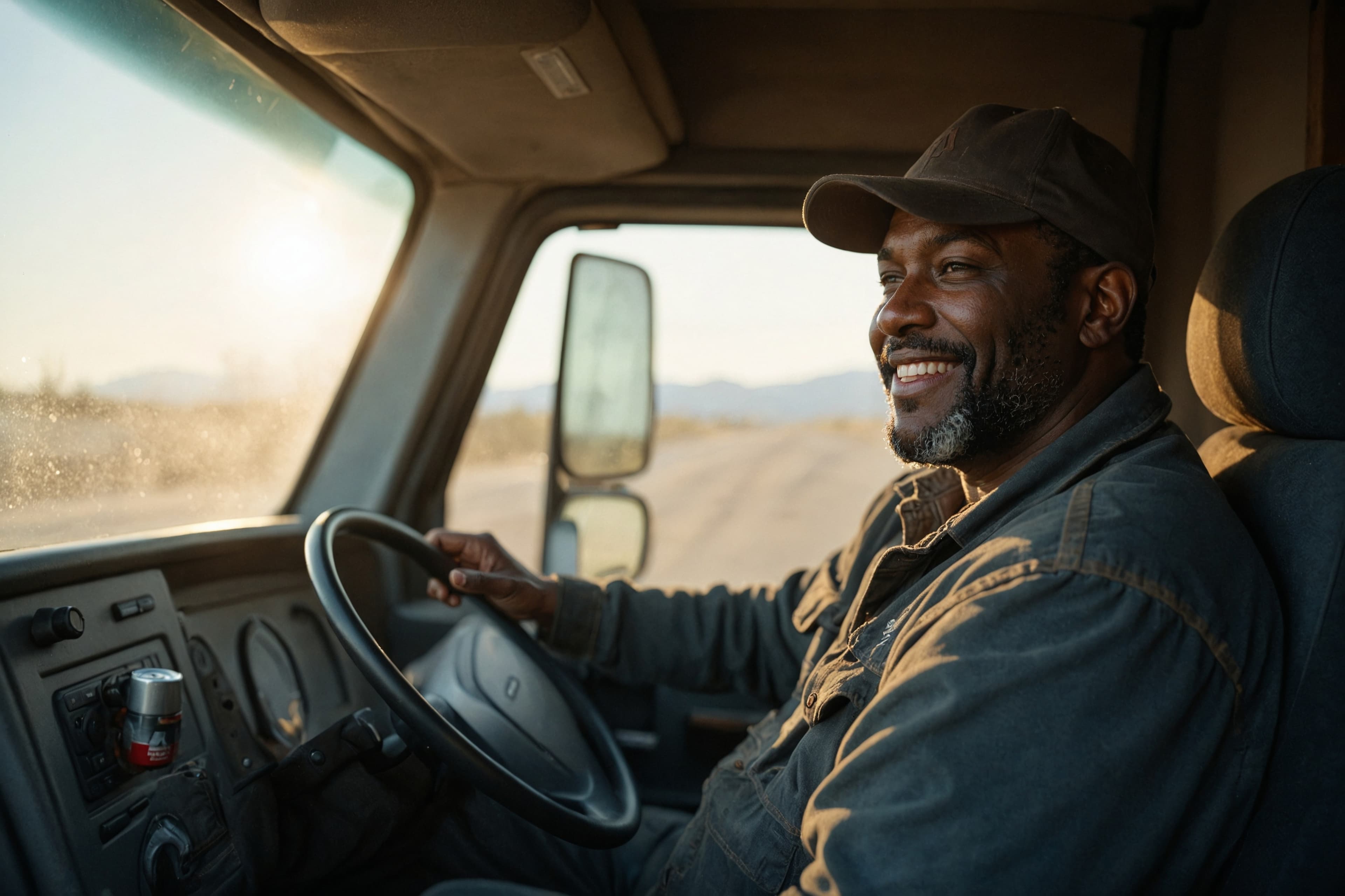 Portrait of a Cheerful African American Man Working as a Truck Driver, Leaning Back Comfortably in His Seat During a Break, Reflecting the Diverse Faces of the Transportation Industry
