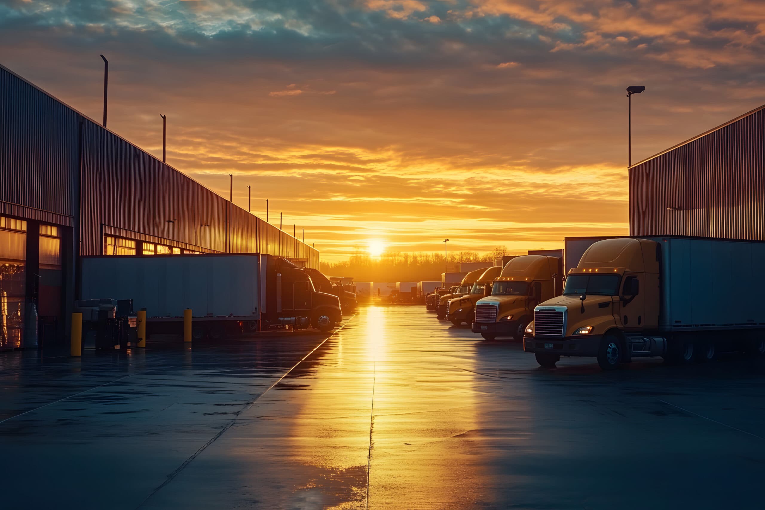 Sun setting at a truck warehouse