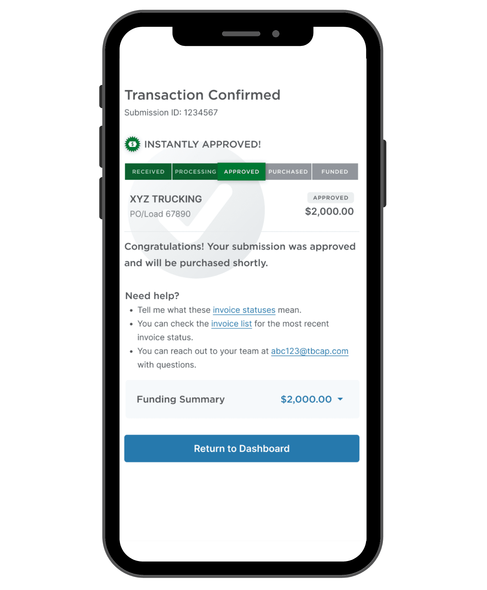 cell phone showing approved transaction