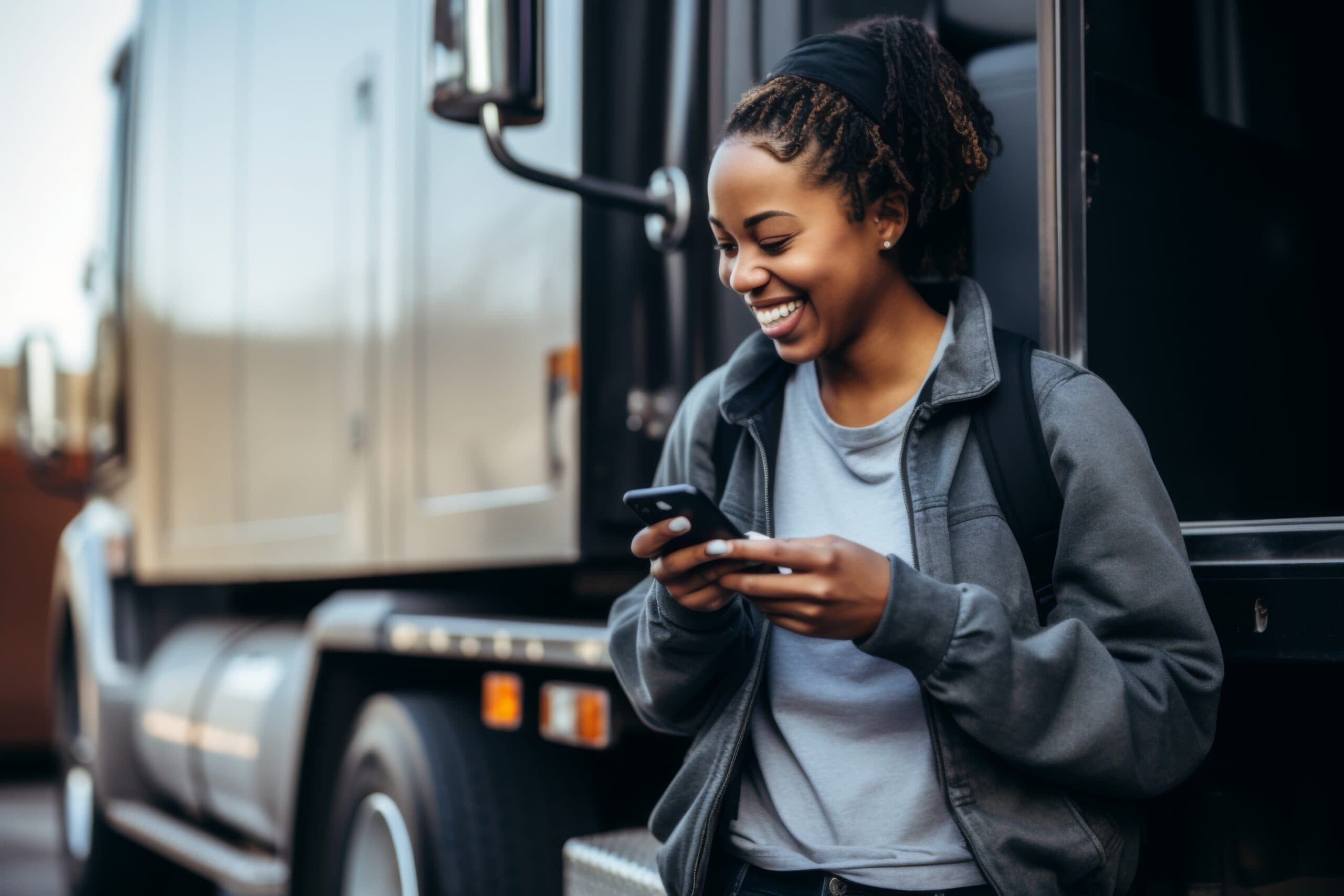Portrait of a body positive African American female Truck driver standing next to truck and using her phone